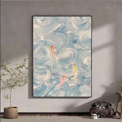 手绘油画好运锦鲤客厅装饰画现代抽象悬挂入户肌理挂画竖版纯手工