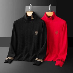 冬季新款高领毛衣男时尚红色刺绣针织打底衫欧洲站潮牌高端羊毛衫