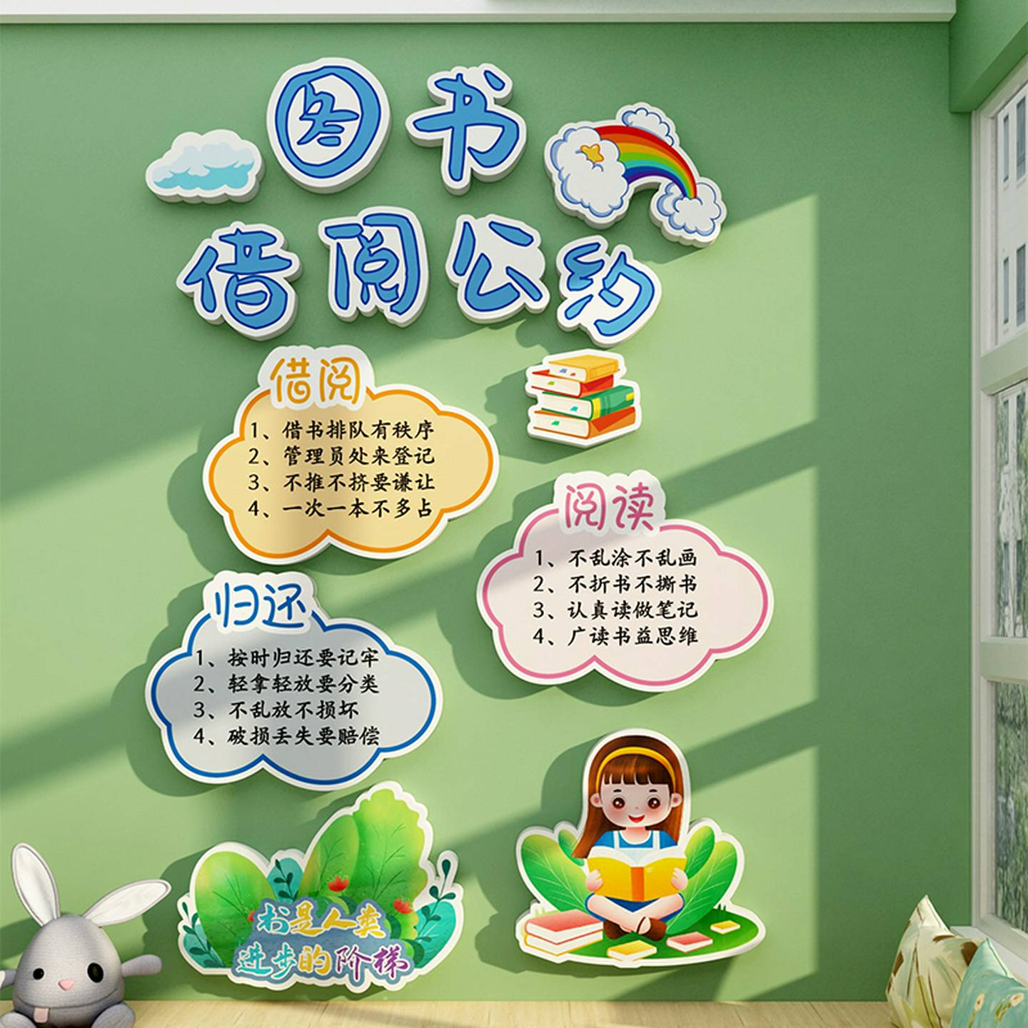 借阅公约儿童图书角布置装饰阅读区绘本馆览室幼儿园背景文化墙贴
