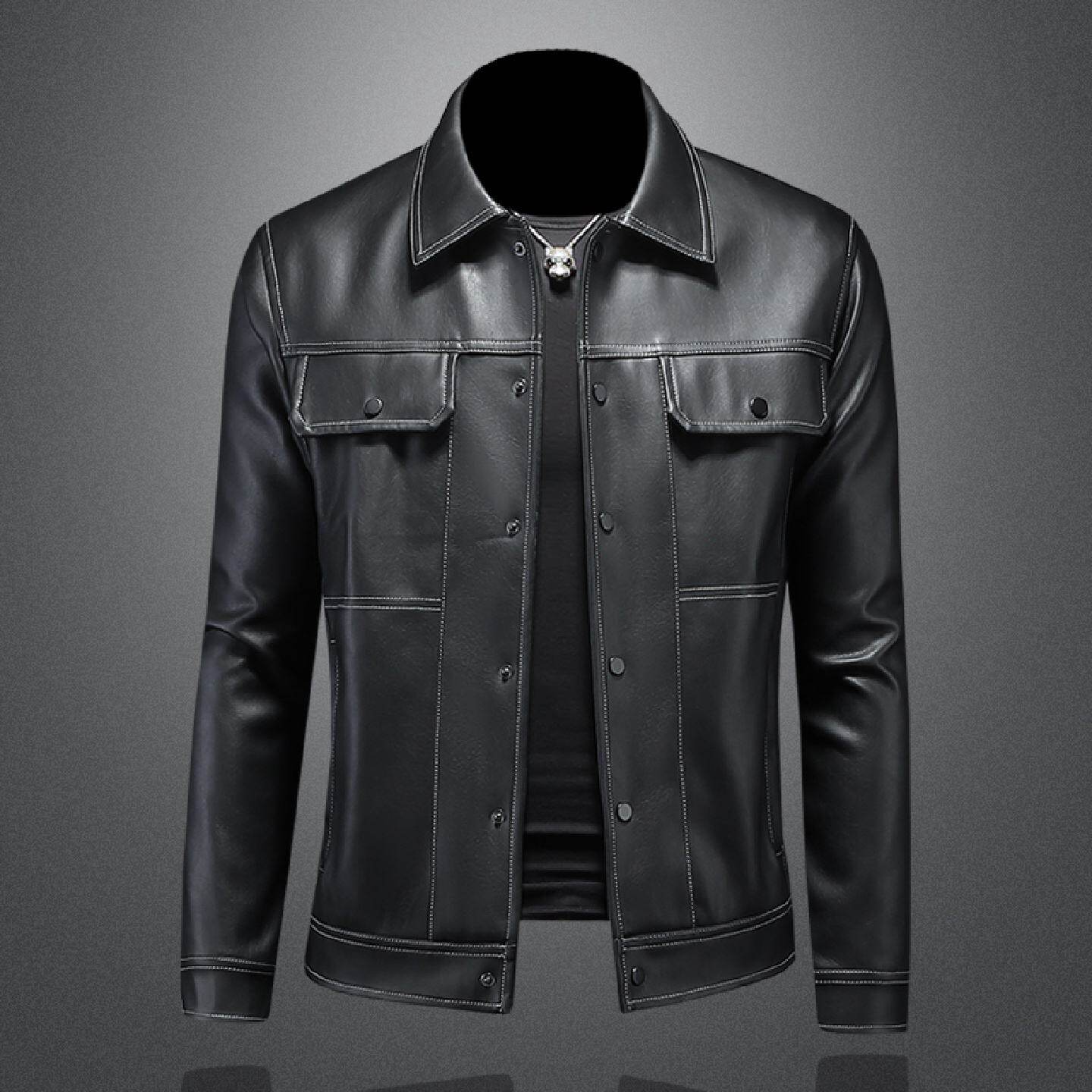 欧洲站机车皮衣男春秋季新款翻领潮流休闲软皮缉明线夹克外套潮男