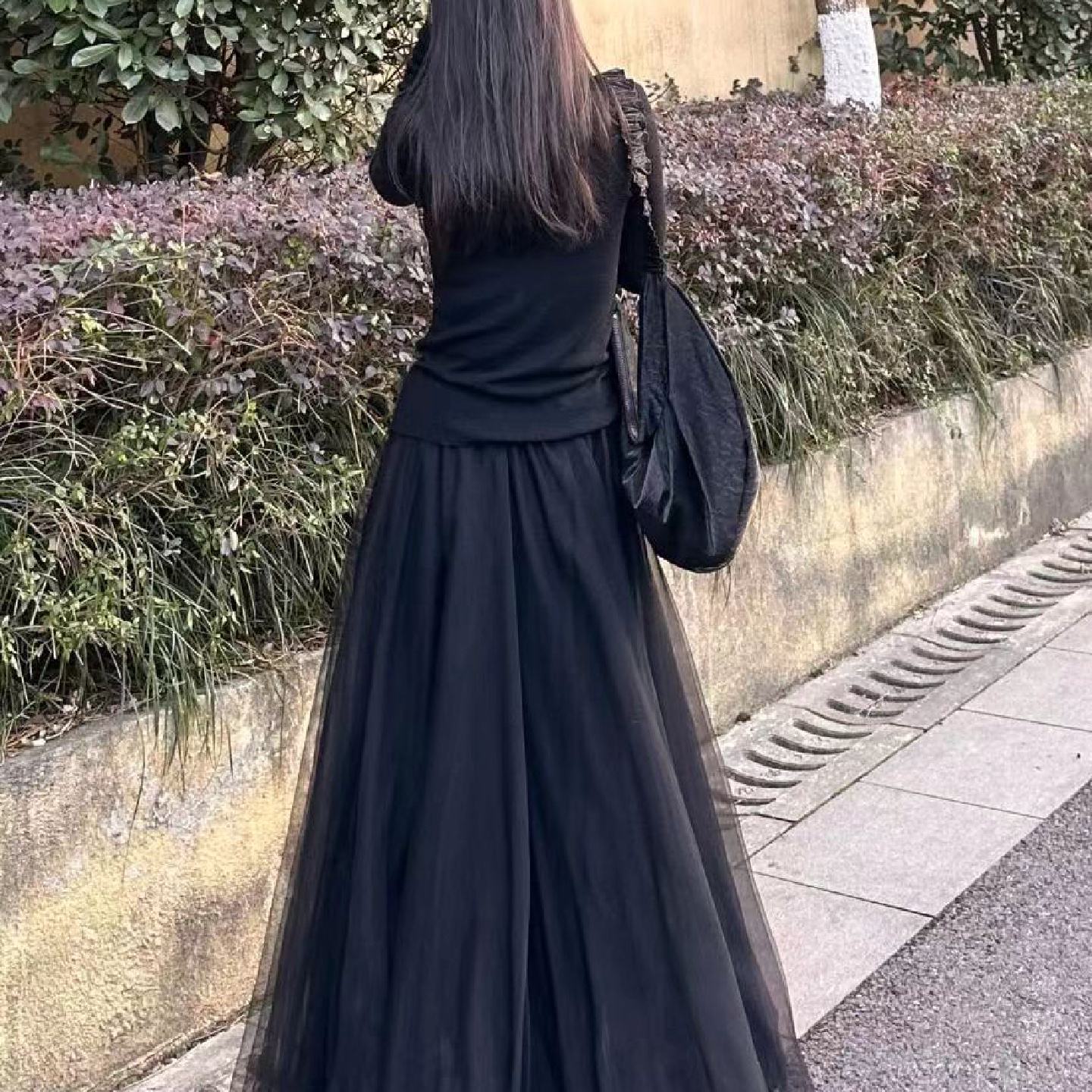 黑色网纱a字裙半身裙仙女2025新款夏纱裙女半身高腰长版显瘦垂感
