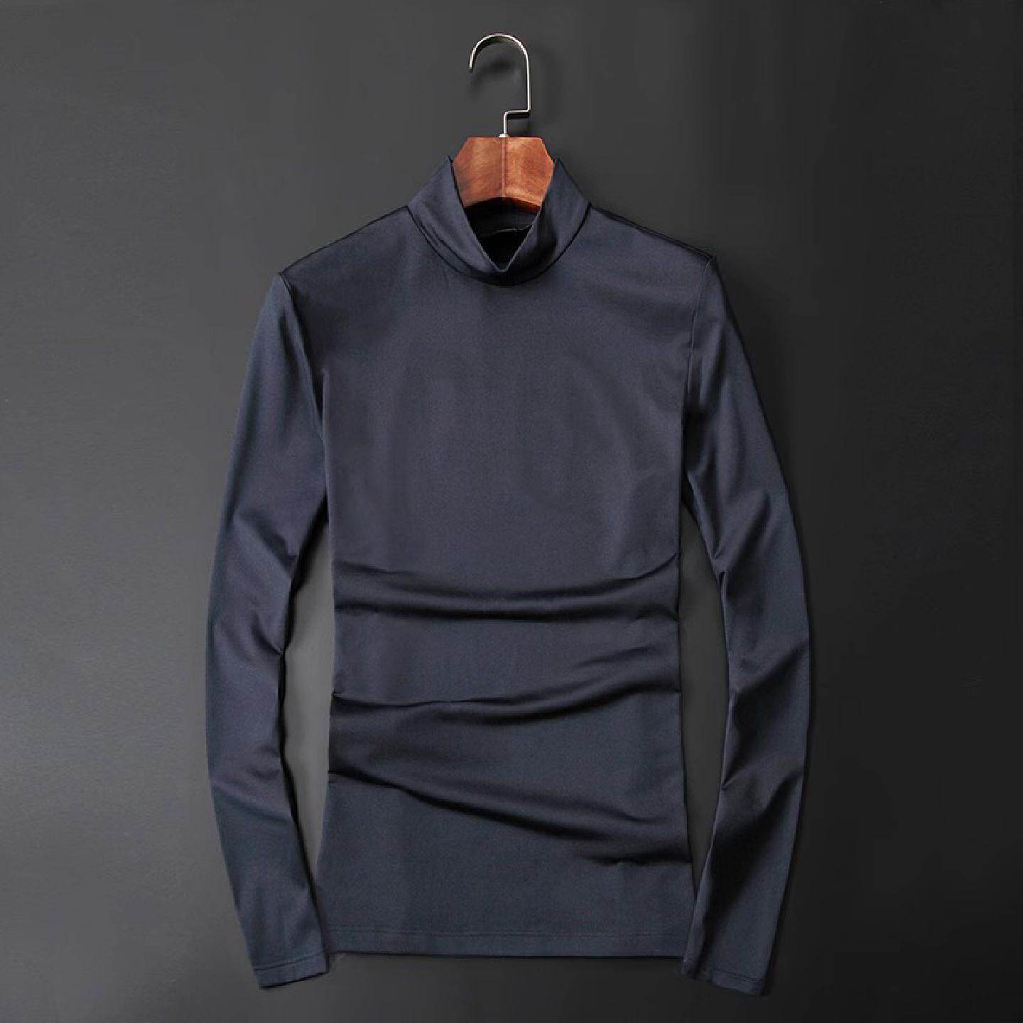 半高领长袖恤男装丝光棉内搭小衫秋冬薄绒打底衫纯色中领恤衫潮男