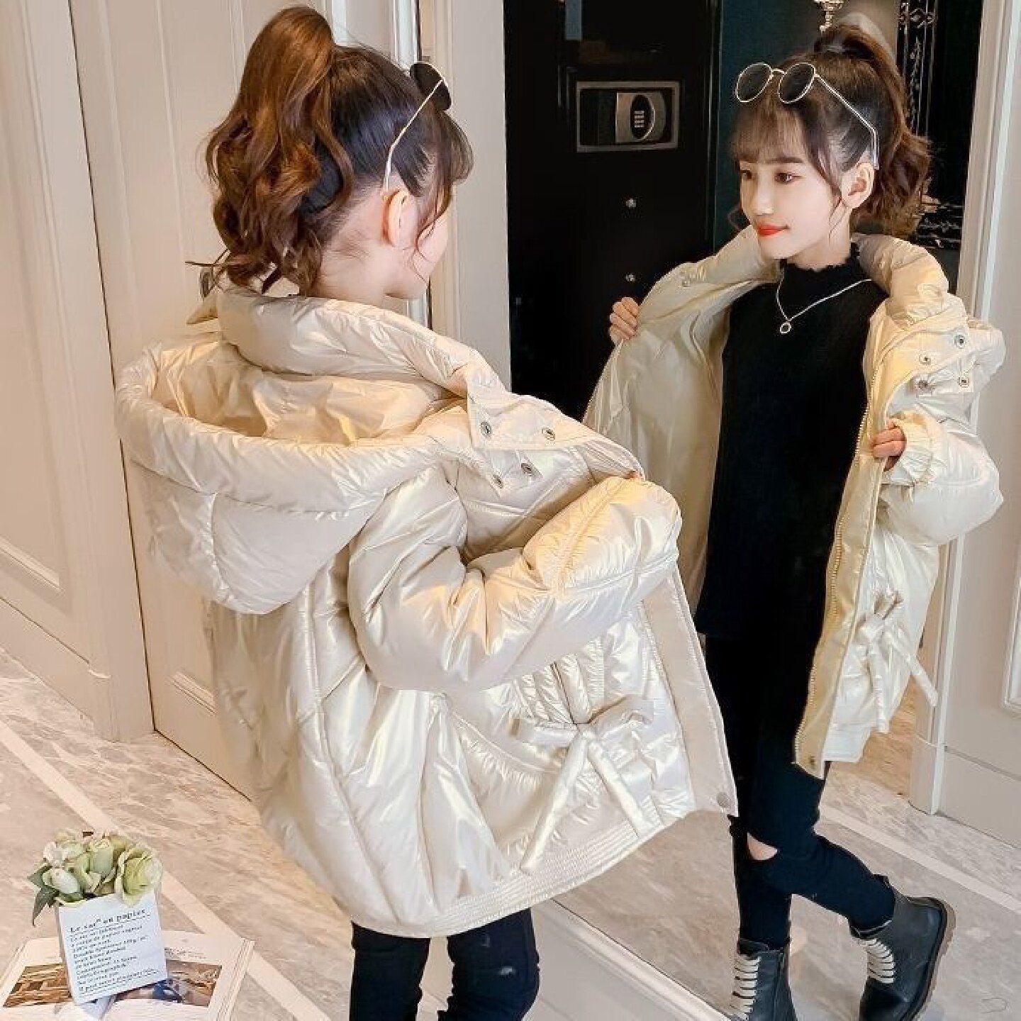 女童亮面免洗羽绒棉服女中长款韩版宽松冬季外套棉袄2025年新款潮