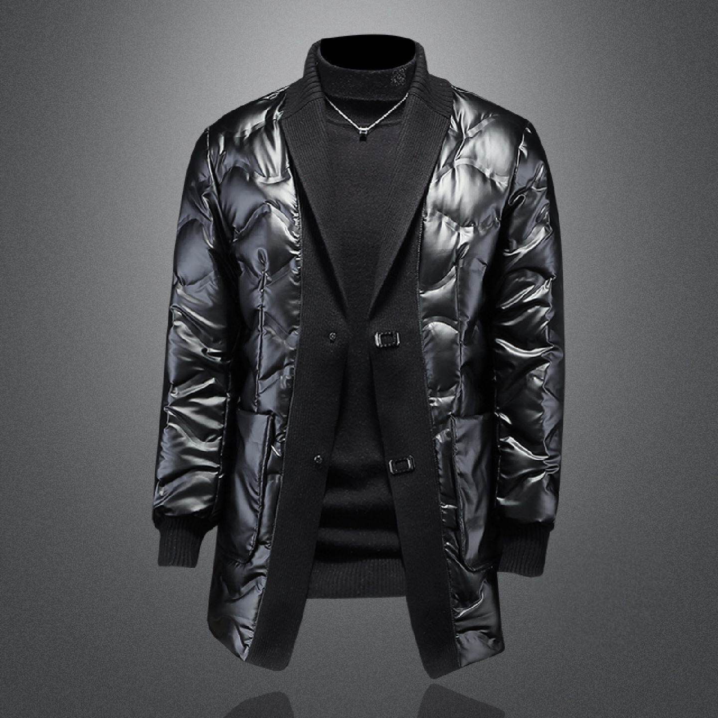 2026欧洲站针织领中长款羽绒服男年冬季新款保暖西装领亮面外套潮