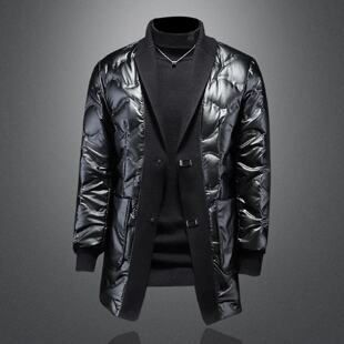 2026欧洲站针织领中长款羽绒服男年冬季新款保暖西装领亮面外套潮