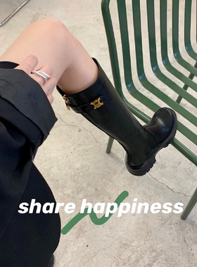 【现货秒发】studi春秋季小金扣后拉链圆头厚底中粗跟长筒骑士靴