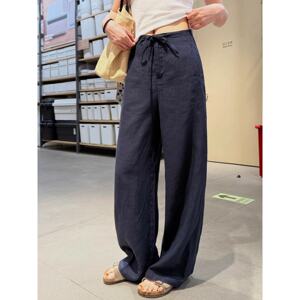 藏青色亚麻裤子女夏薄款冰丝防晒裤胖妹妹mm棉麻阔腿裤凉凉直筒裤