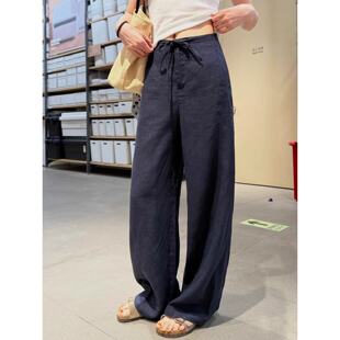 藏青色亚麻裤子女夏薄款冰丝防晒裤胖妹妹mm棉麻阔腿裤凉凉直筒裤
