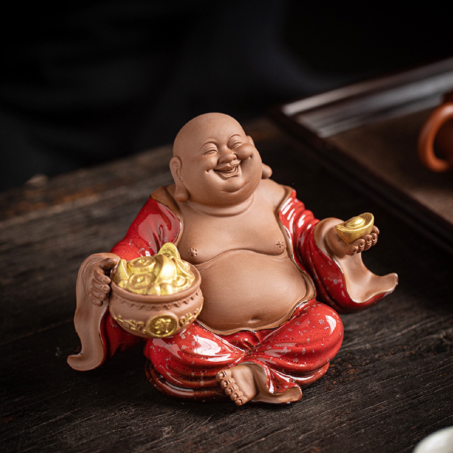陶瓷中式禅意弥勒摆件创意紫砂茶宠大肚笑佛博古架桌面装饰品