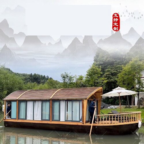 现代水上船屋民宿定制可住人水上宾馆钓鱼船休闲餐饮房船木船厂家