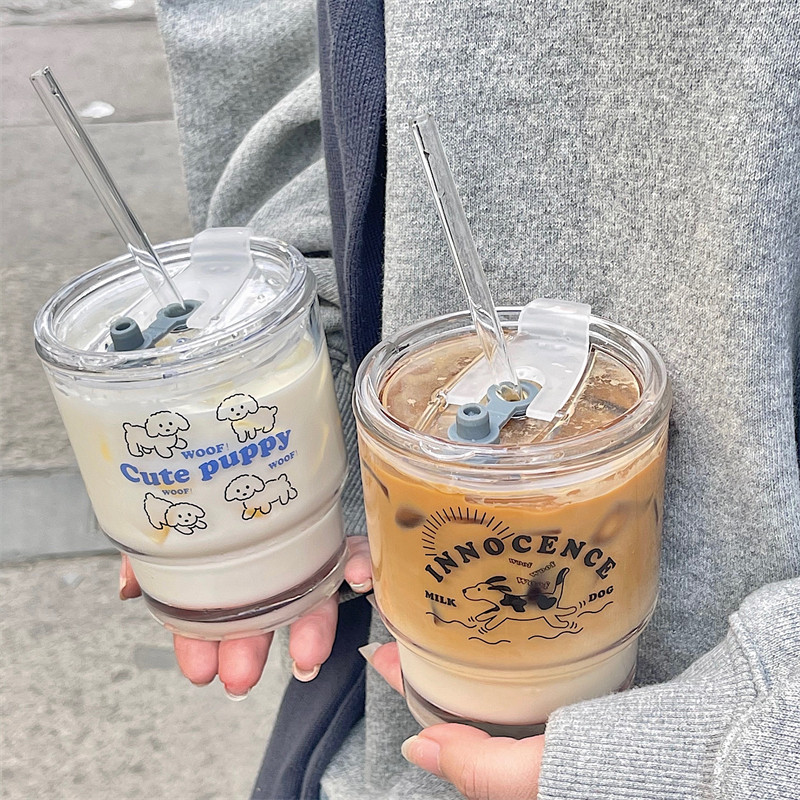 韩风原创设计ins卡通小狗玻璃杯吸管水杯咖啡杯早餐杯带盖情