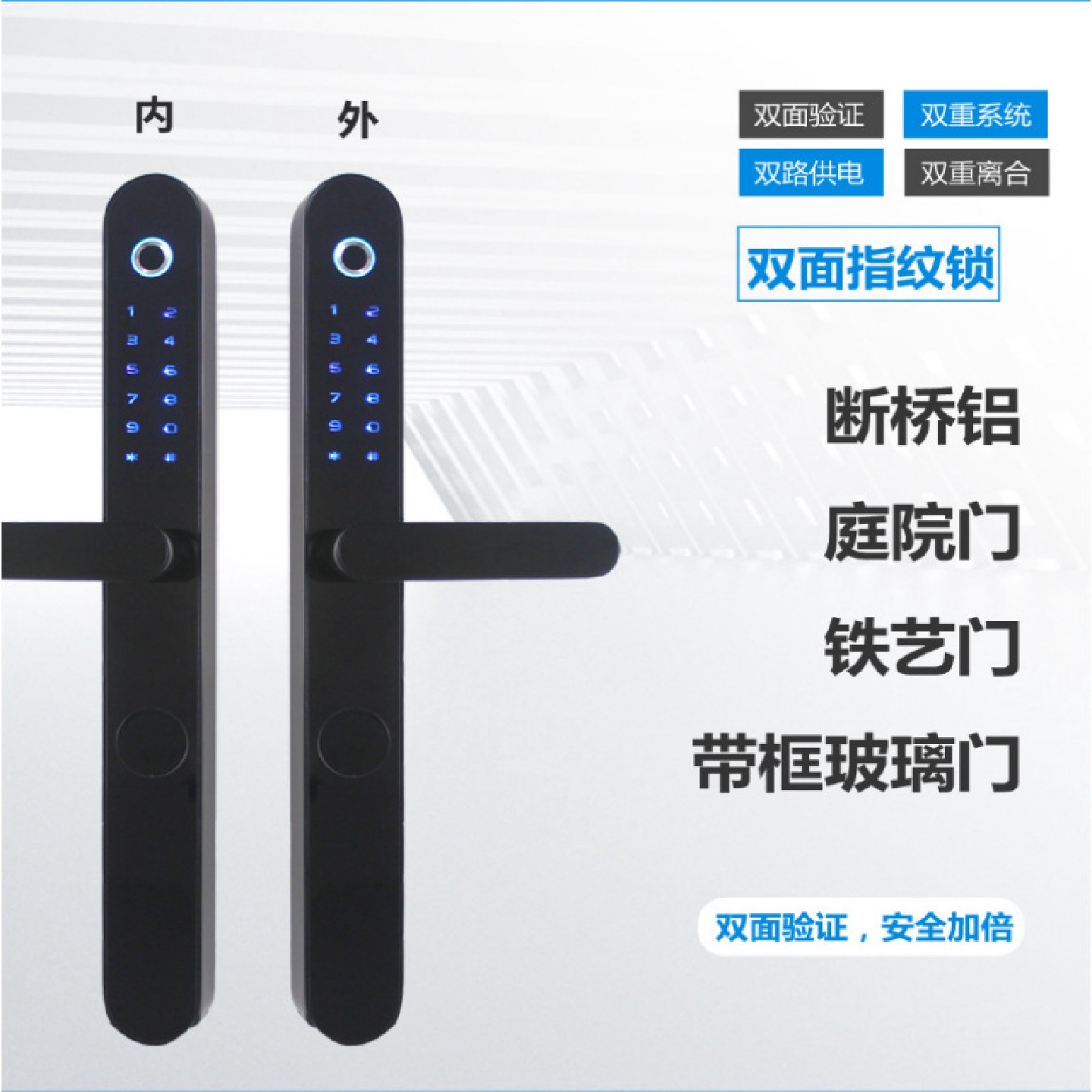 铝合金指纹锁两面内外指纹锁玻璃面板防晒智能防盗安全