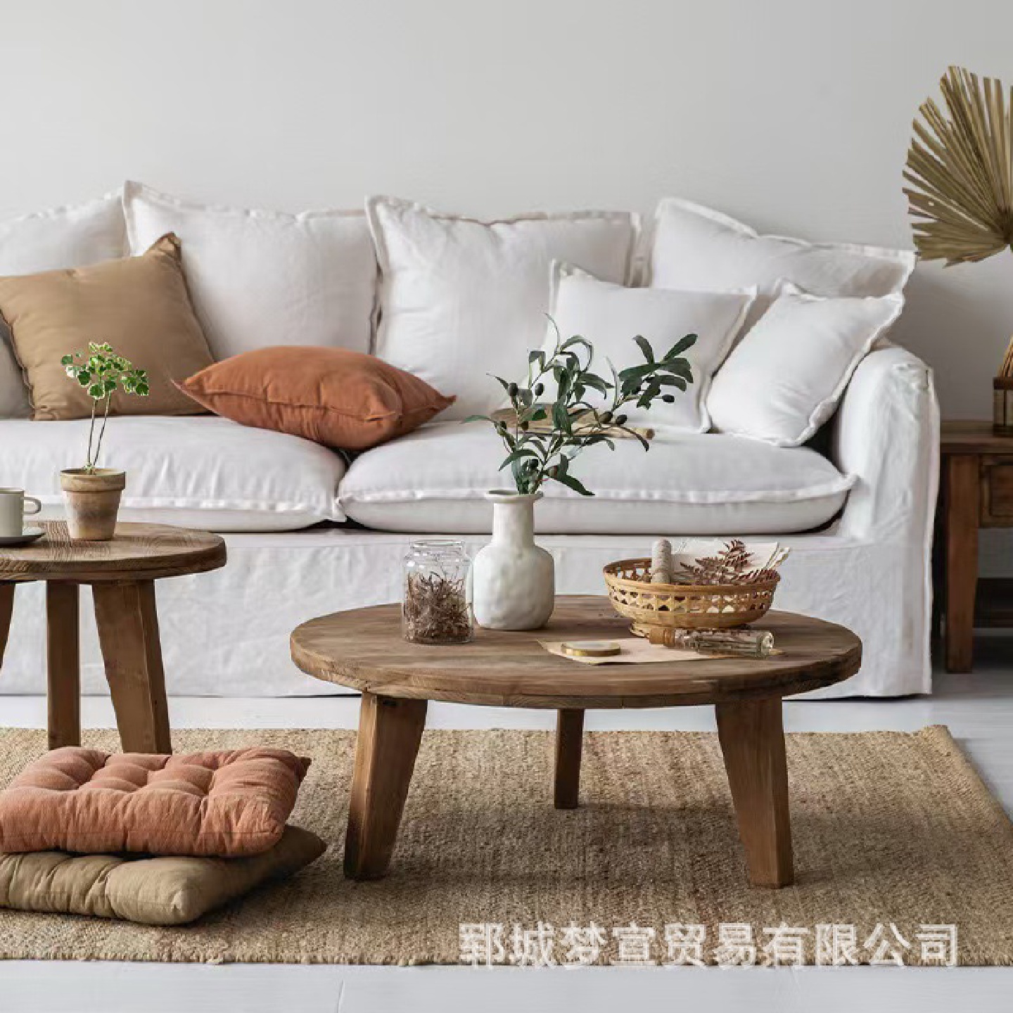 复古民宿老榆木圆桌家用阳台榻榻米茶几桌美式实木飘窗矮桌拼接桌