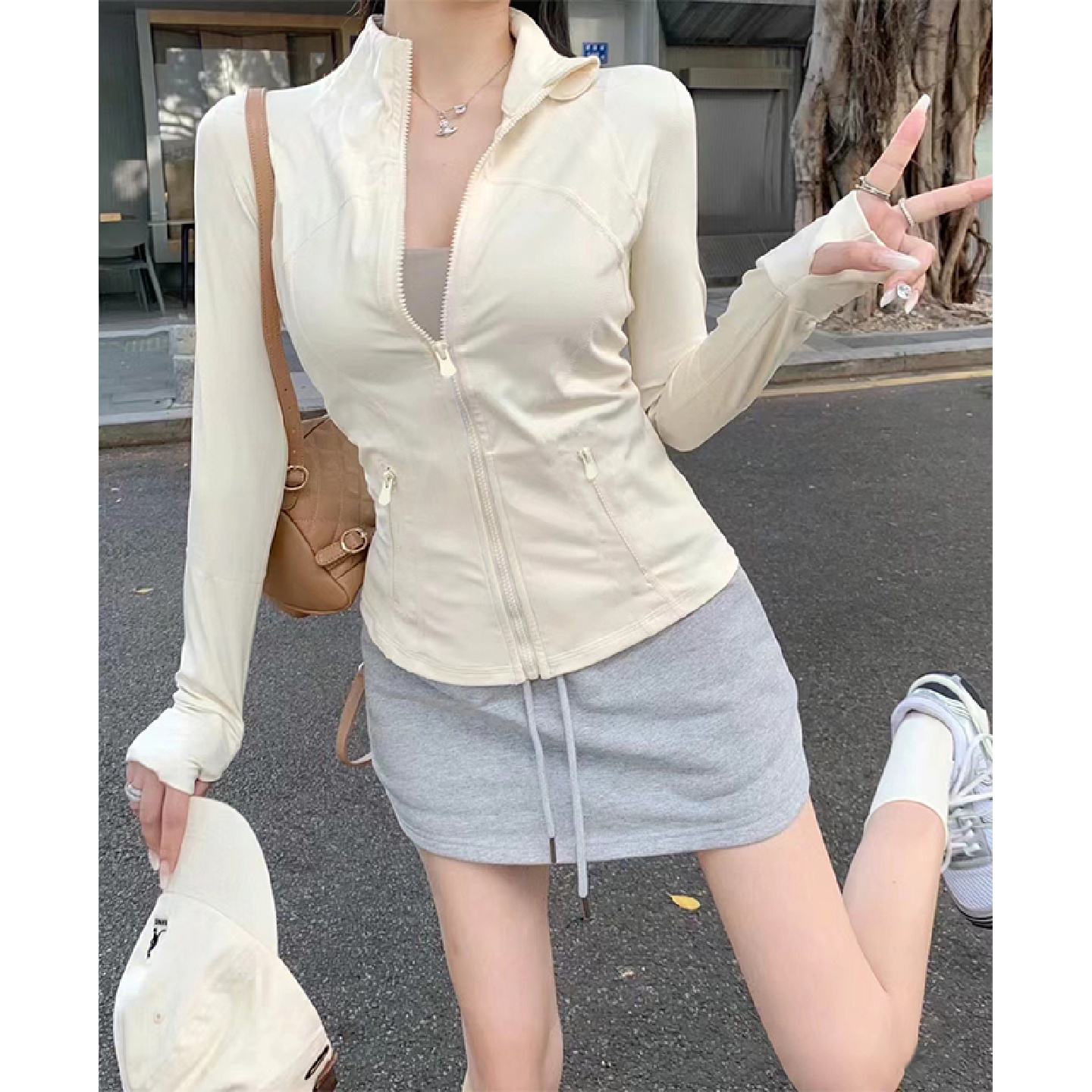 黄色防晒衣女款2025新款立领修身运动瑜伽服收腰冰丝防紫外线上衣
