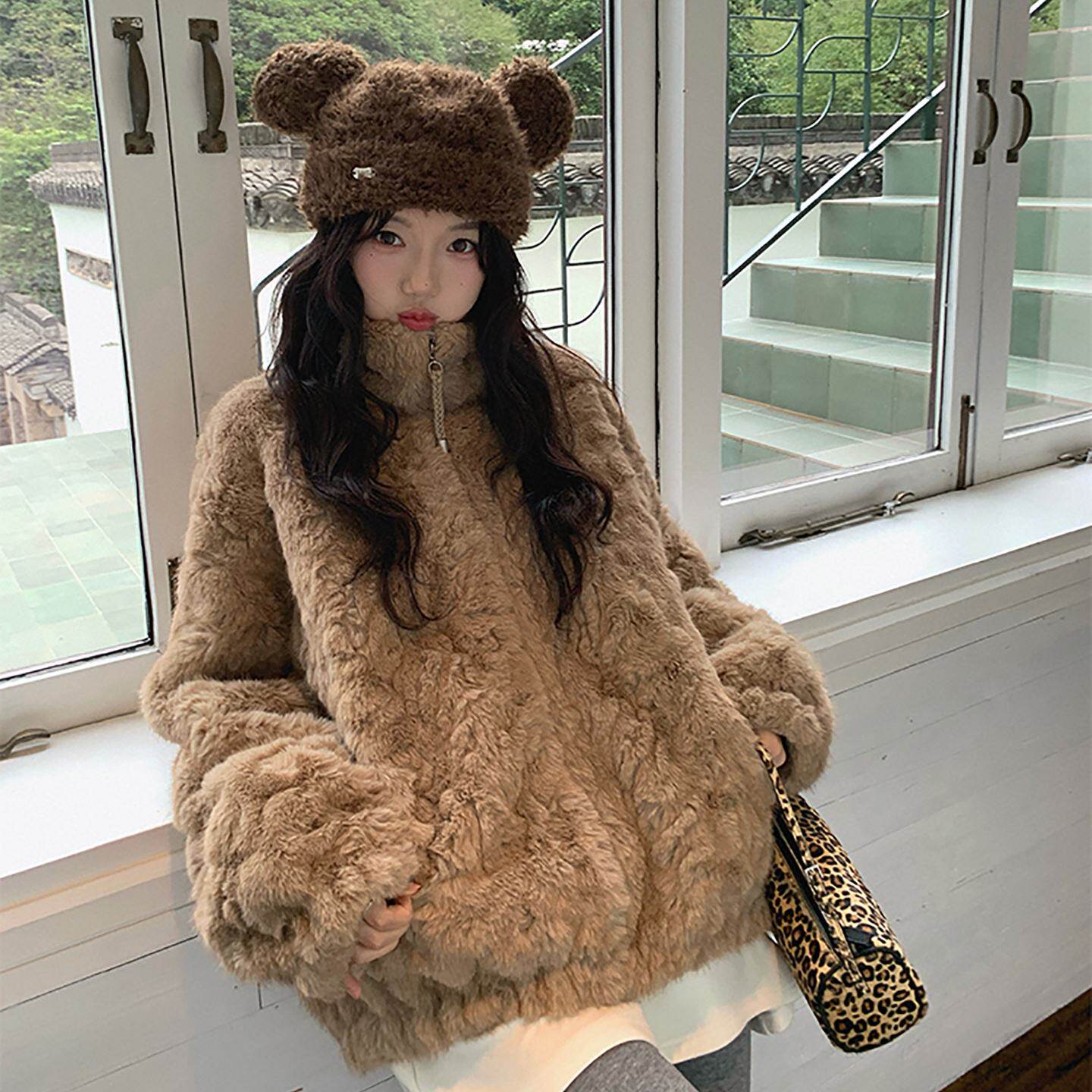 环保皮草外套女冬季新款立领宽松仿羊羔毛加绒加厚毛绒绒上衣短款