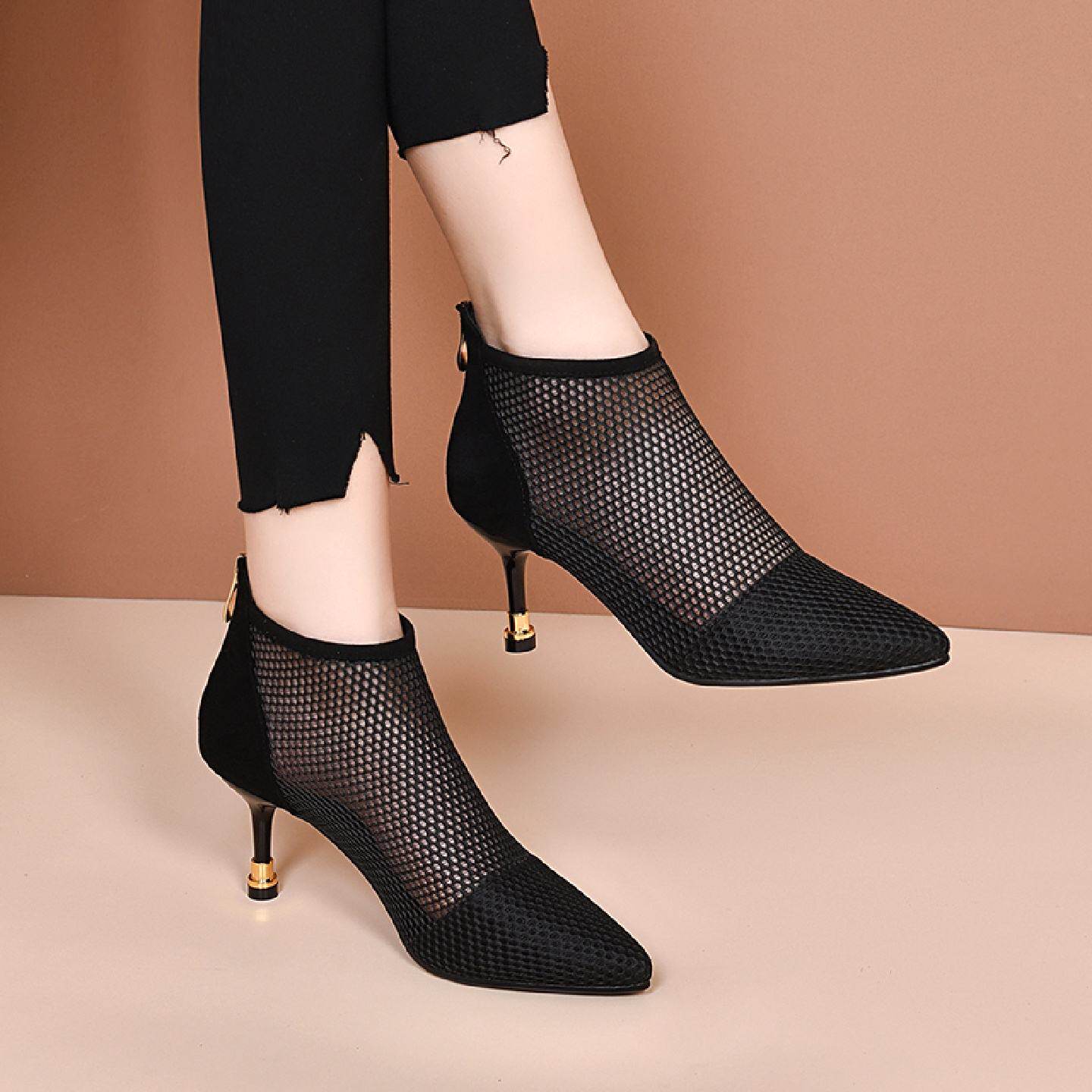 真皮镂空网纱凉靴女2025春夏新款细跟透气单鞋尖头夏季气质高跟鞋