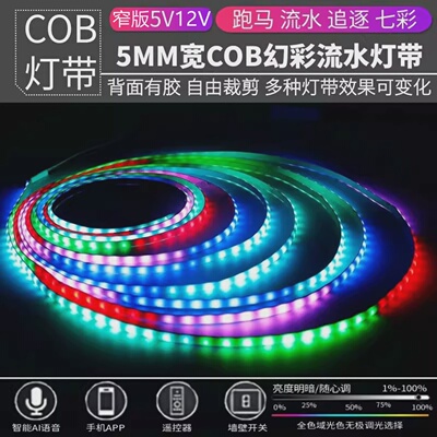 ws2812b跑马灯带led七彩变色12V窄版5mm宽追光流水COB幻彩5V灯条