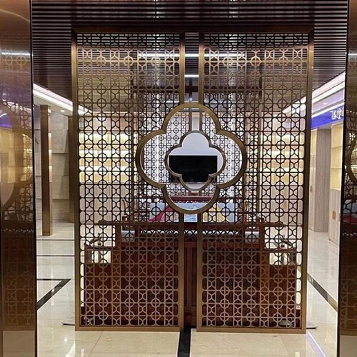 不锈钢屏风隔断新中式金属格栅镂空雕花客厅入户玄关壁龛加工定制