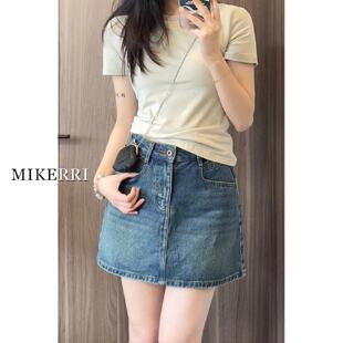 复古蓝牛仔短裙女高腰夏季大码胖mm遮肚子显瘦梨型身材a字半身裙