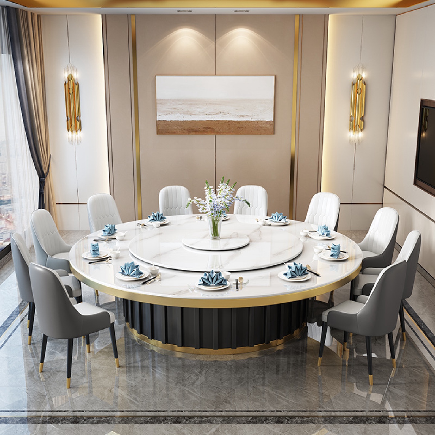 酒店餐桌大圆桌电动转盘电磁炉饭店包厢岩板圆桌轻奢现代简约