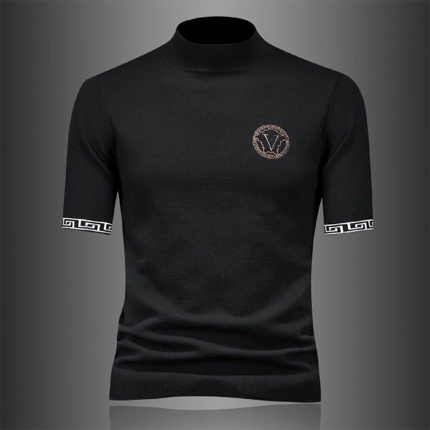 欧洲站短袖毛衣男士秋冬季新款加厚半高领修身半袖针织打底羊毛衫