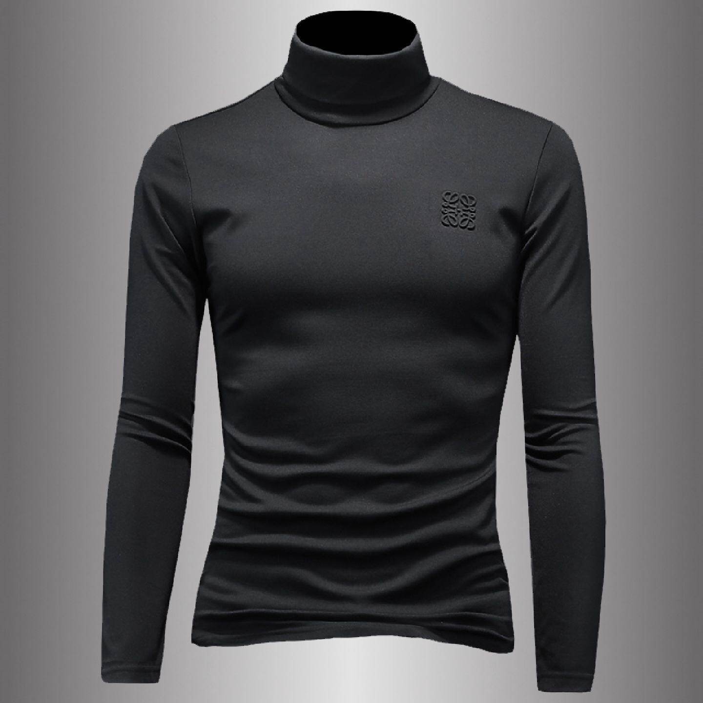 纯色高领长袖恤男士磨毛打底衫秋冬潮牌提花修身体恤小衫内搭厚潮