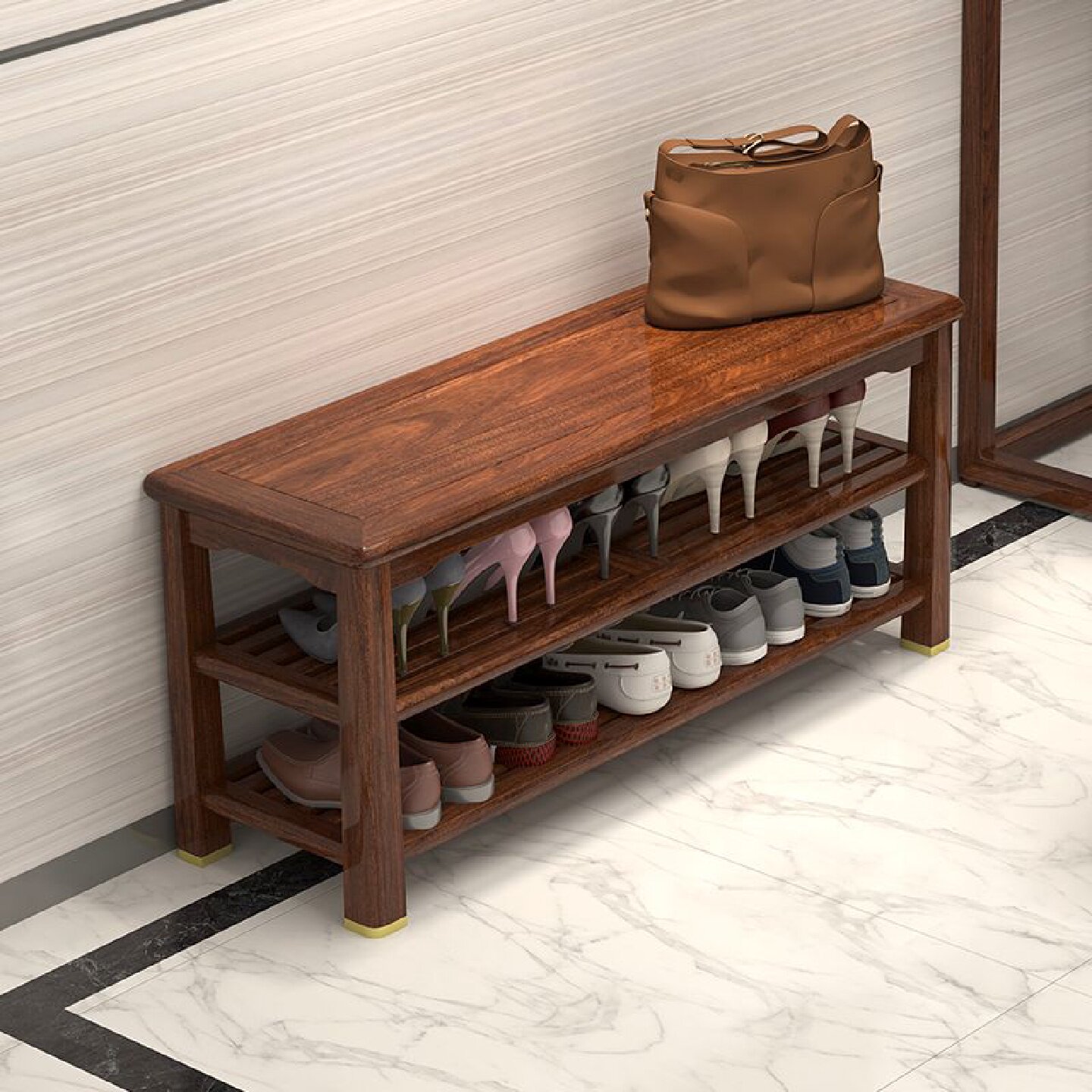 新中式乌金木实木换鞋凳鞋柜鞋架一体家用入户可坐穿鞋凳进门凳