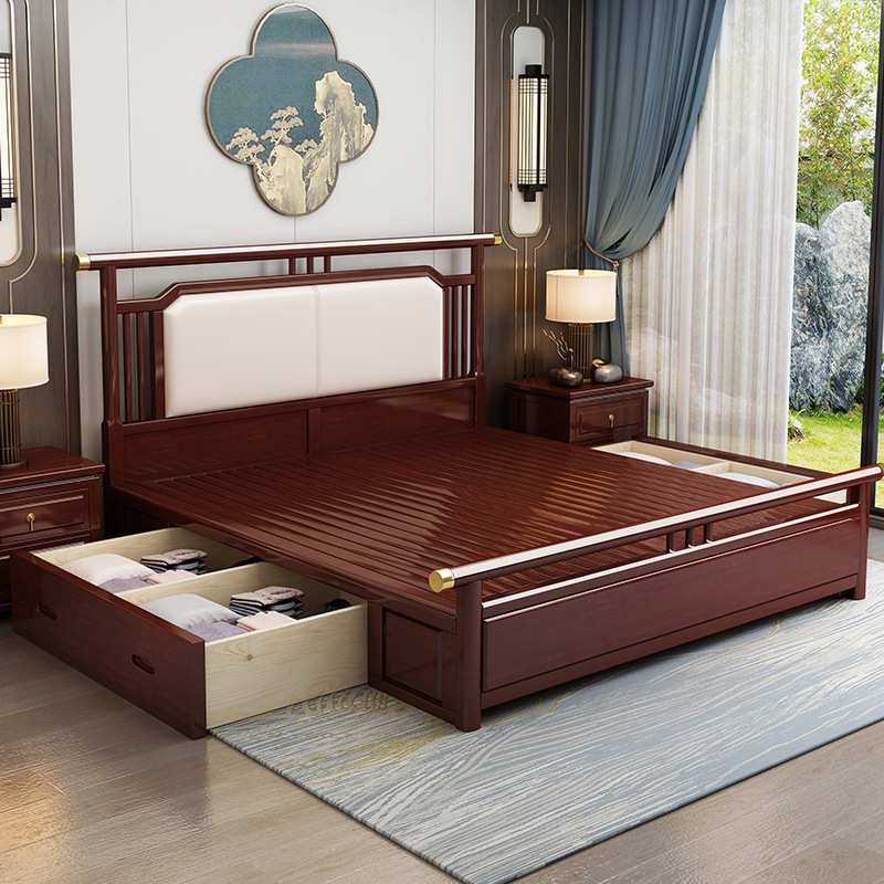 新中式实木床别墅1.8米床高箱1.5主卧室双人床榫卯工艺卯榫结构