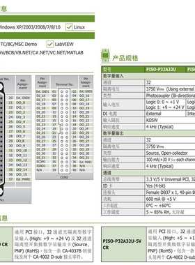 泓格PISO-P32C32U板卡32路集电极开路输出灌电流数字量输入采集卡