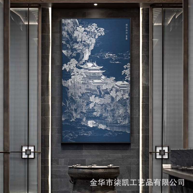 新中式酒店大堂福寿山河浮雕装饰画茶室民宿别墅客厅软装玄关挂画