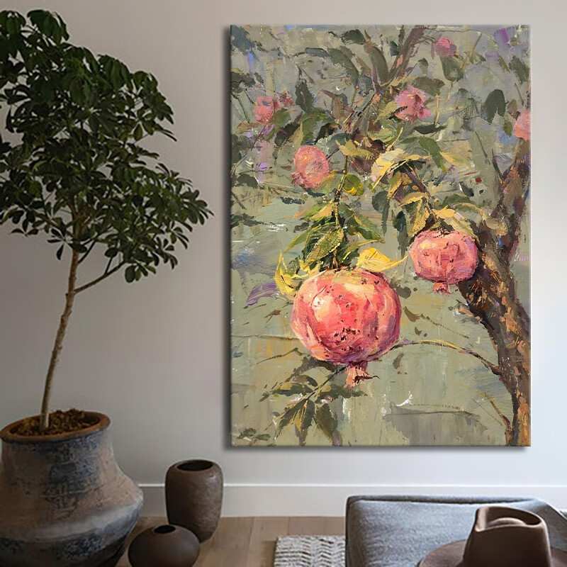 石榴树多子多福手绘画古风寓意装饰画客厅玄关立体肌理壁画挂画图片