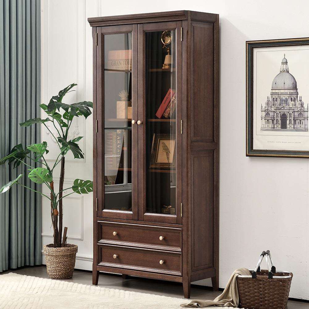 美式全实木书柜客厅落地带玻璃门一体靠墙置物架简约书房收纳柜子