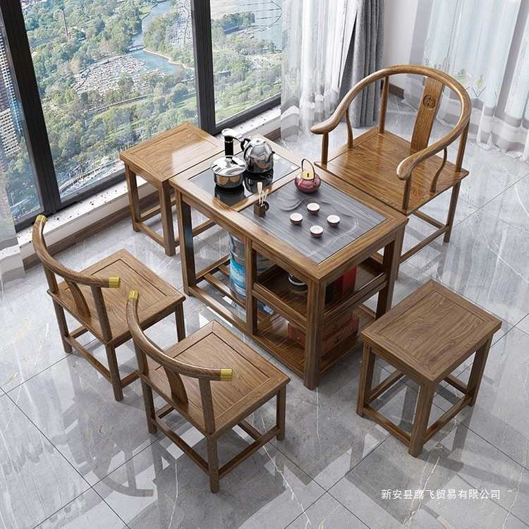 实木旋转茶桌阳台家用移动茶台喝茶桌椅组合小型茶几具烧水壶套装