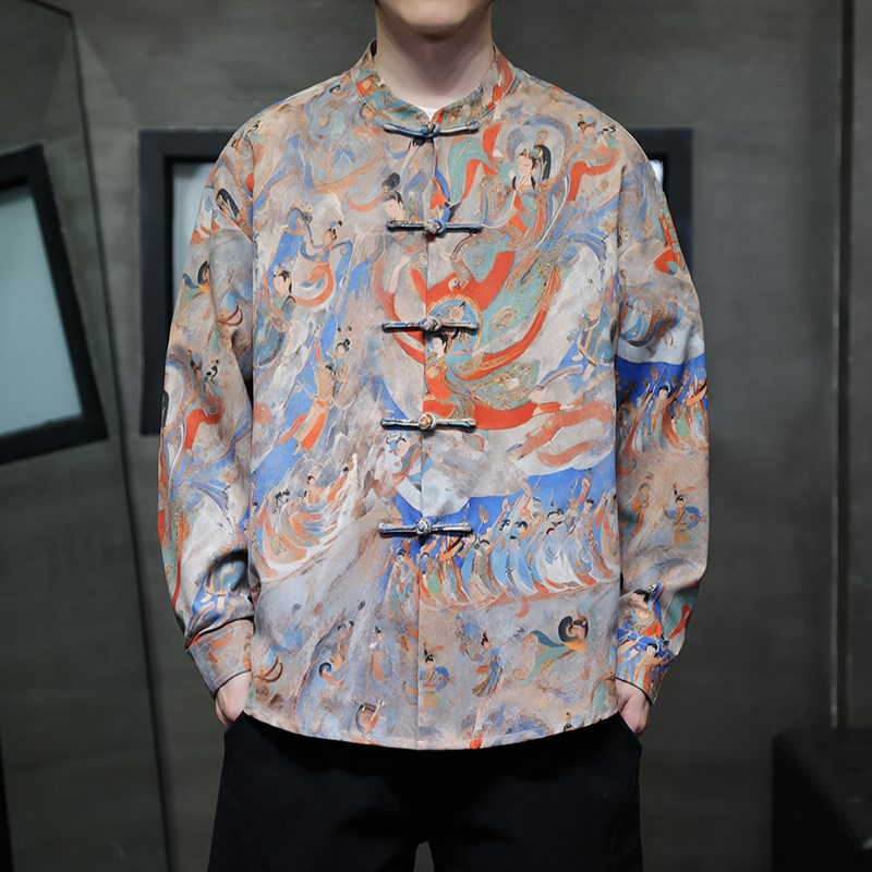 敦煌壁画新中式复古风印花唐装衬衫中国风休闲盘扣茶服国潮长袖