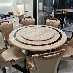简约实木 天然大理石圆餐桌带转盘餐桌椅组合家用浅米黄色别墅欧式