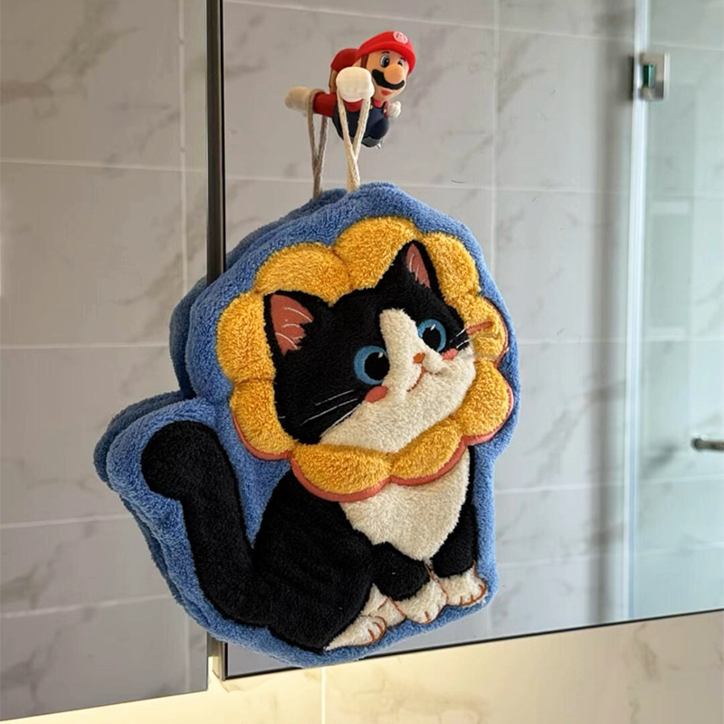 可爱猫咪擦手巾挂式超强吸水加厚毛巾手帕珊瑚绒手巾厨房卫生间