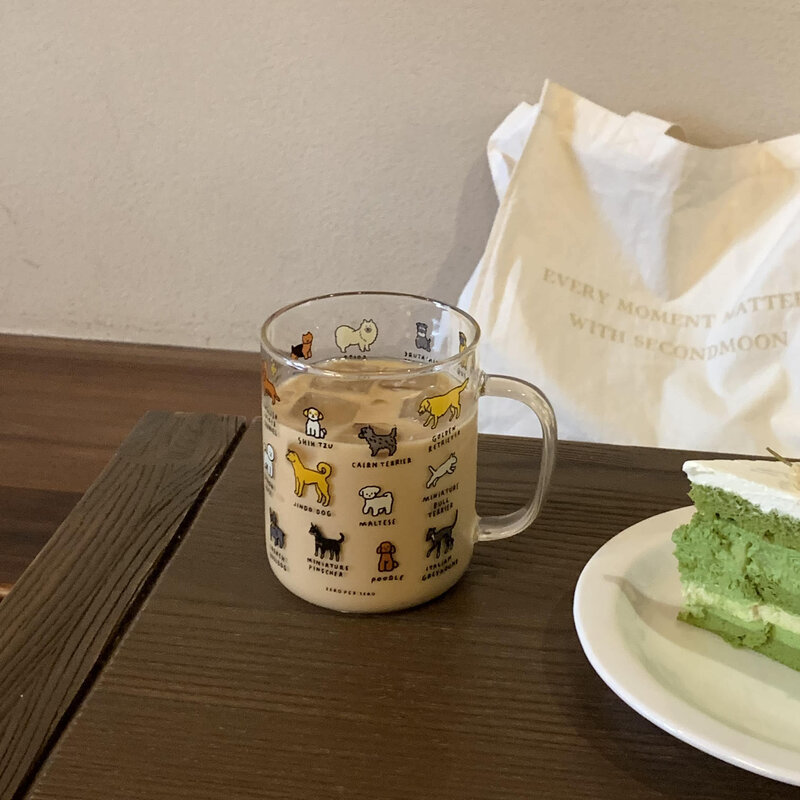 韩国创意插画可爱萌宠小狗玻璃杯咖啡杯牛奶杯卡通好看的喝水杯