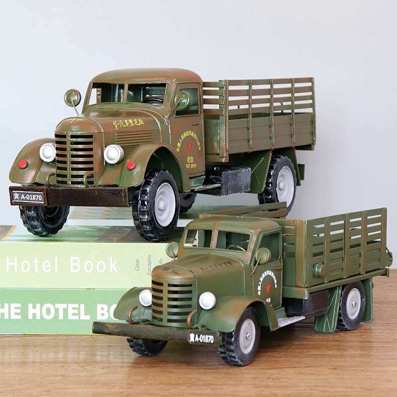 纯手工铁皮老解放卡车二战军车模型老爷车吉普车摆件橱窗道具
