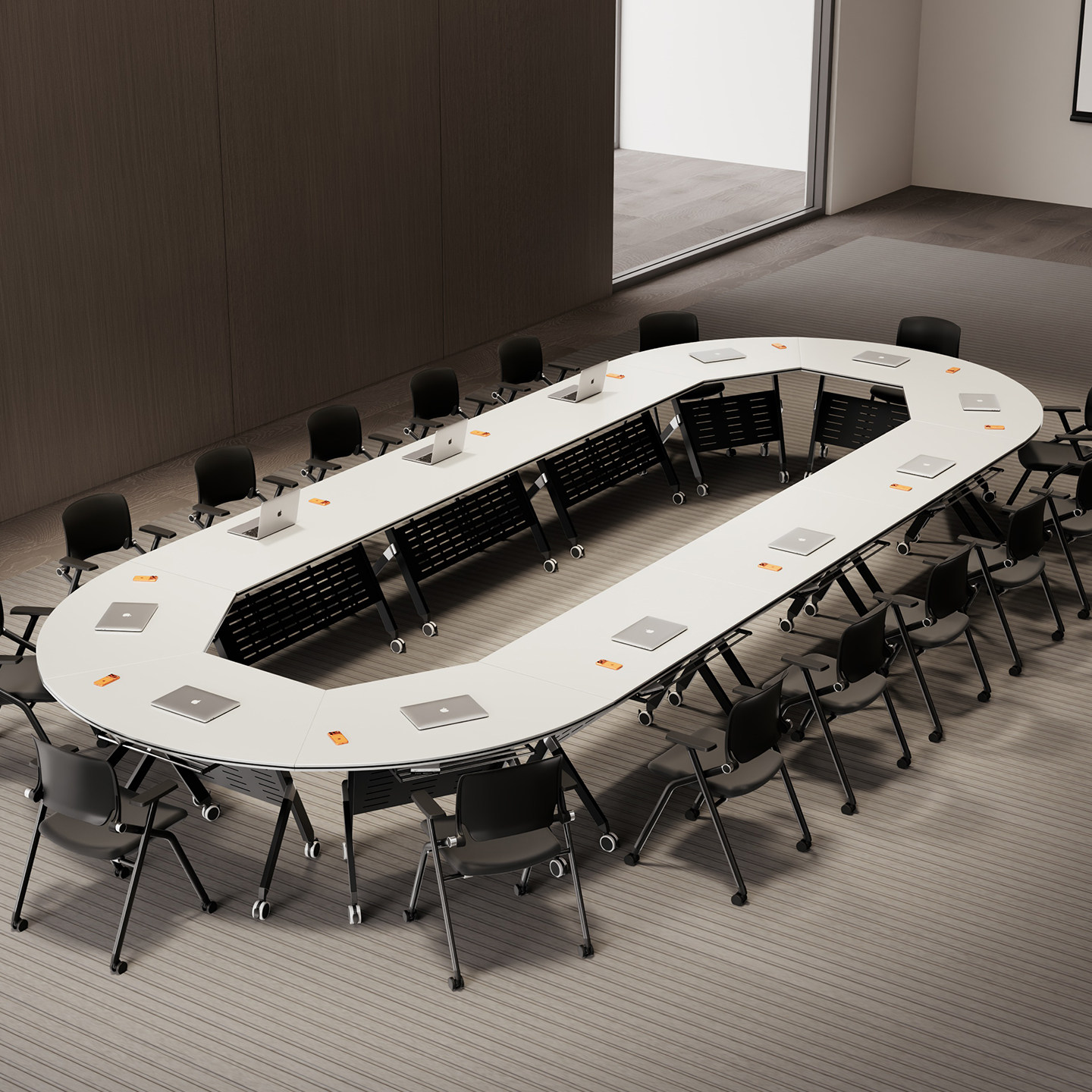 椭圆形培训桌带轮可移动会议桌多人位办公桌白色会议培训台