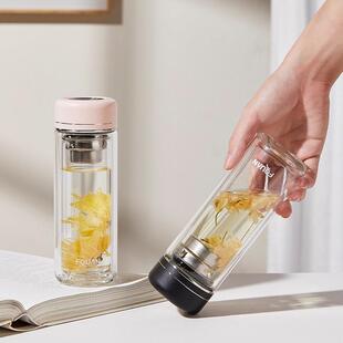 莫斯玻璃杯高硼硅双层安全玻璃杯不锈钢滤网泡茶水杯公室随行杯