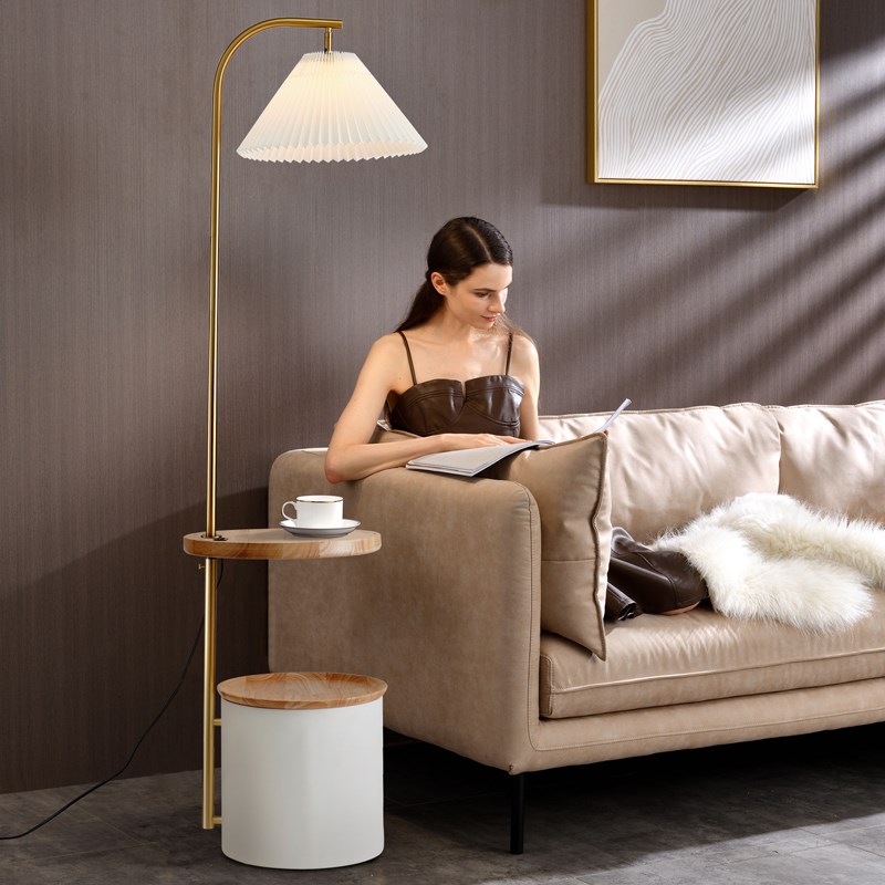 落地灯客厅卧室百褶轻奢茶几置物架一体氛围灯立式高级感落地台灯