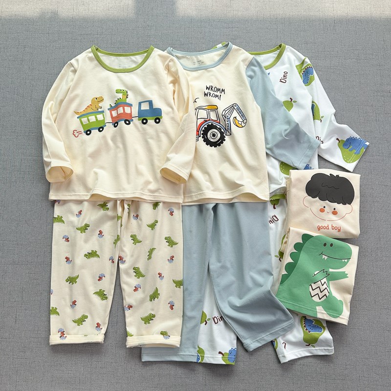 夏季家居服~A类薄棉~100-160男童全棉长袖T恤长裤睡衣套装 空调服