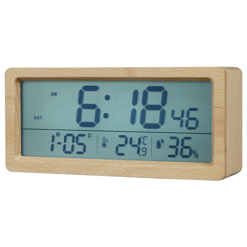 TQJ实木夜灯贪睡闹钟床头座钟学生静音桌面钟时尚台面LCD时钟台钟