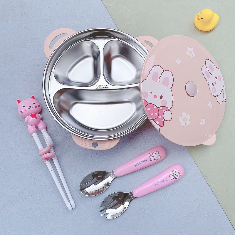 304不锈钢带盖吸盘式卡通儿童碗幼儿园分格餐盘家用宝宝吃饭汤碗