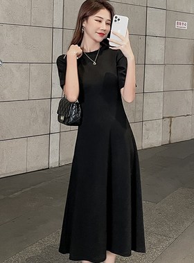黑色连衣裙女2024新款夏休闲长裙高级感气质显瘦短袖A字裙收腰裙