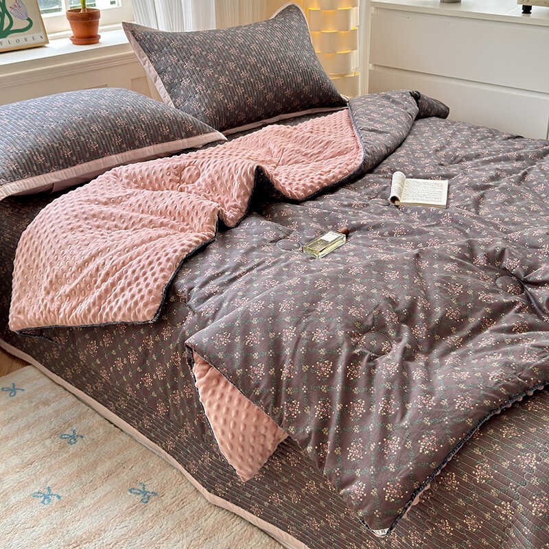 秋冬复古小碎花豆豆被子纯棉加绒可机洗加厚保暖大豆空调被四件套