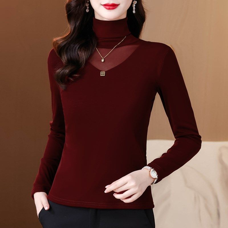 加绒加厚高领网纱打底衫女内搭秋冬新款修身长袖T恤上衣洋气小衫