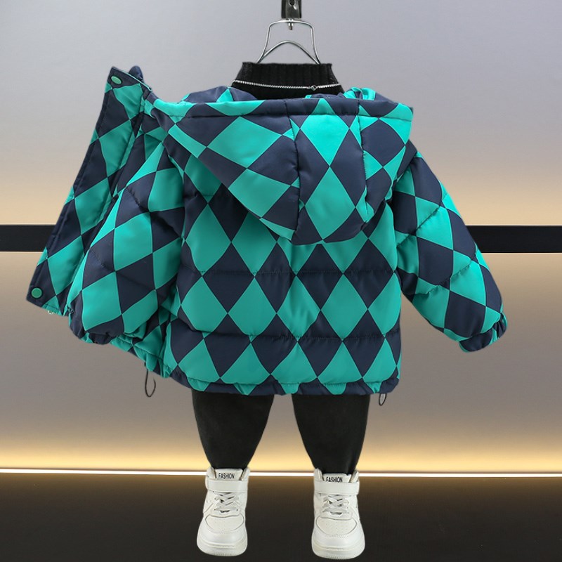 男童菱形格棉服冬季2025新款儿童冬装小童洋气加厚小男孩棉衣外套