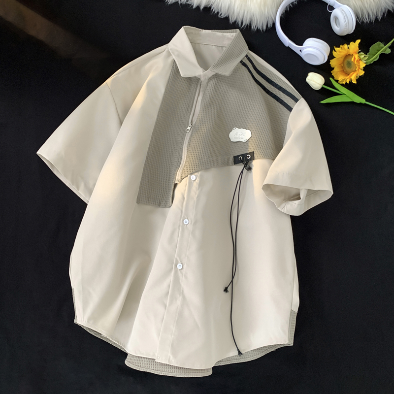 小众设计感拼接短袖衬衫男bf夏季假两件衬衣外套美式潮牌工装上衣