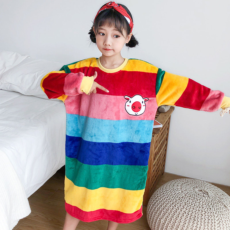 2022女童珊瑚绒睡裙秋冬季套头儿童法兰绒家居裙中小女孩长款睡衣